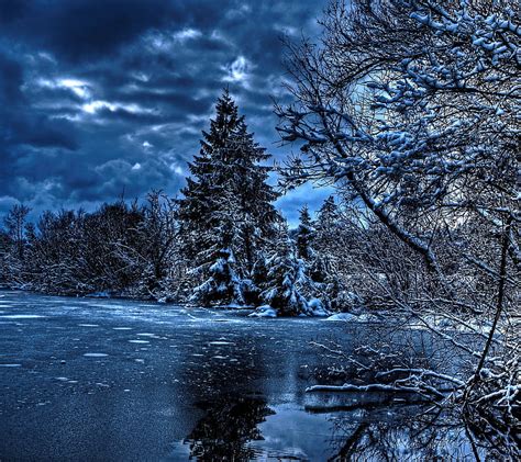 Winter Night Blue Lake Night Trees Hd Wallpaper Peakpx