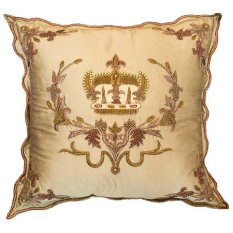 Contemporary Gold Silk Pillow With Beaded And Embroidered Crown For