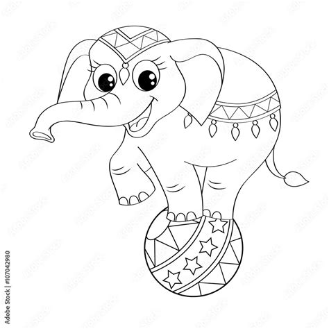 Funny Cartoon Circus Elephant Balancing On Ball Black And White Vector