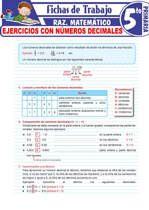 Los Con Números Decimales Para Quinto Grado De Primaria Los Números