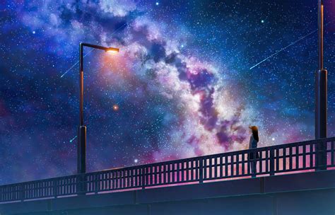 1400x900 Anime Girl Alone At Bridge Watching The Galaxy Full Of Stars