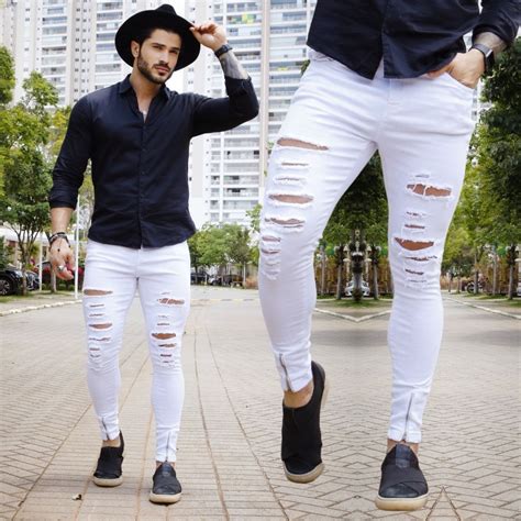 Calça Jeans Masculina Skinny Com Elastano Destroyed Ballad Branca Rasgada Zíper Masculino
