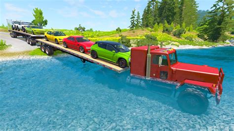 Double Flatbed Long Trailer Truck Rescue Cars Vs Deep Water And