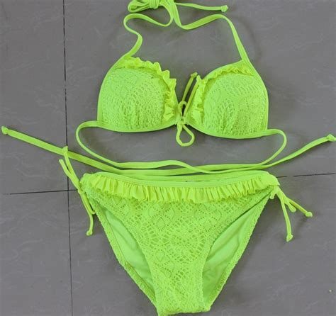 Yellow Bikinis Set Ruffles Bikini Lace Mesh Swimwear Womens Brazilian Swimsuits Strappy Biquini