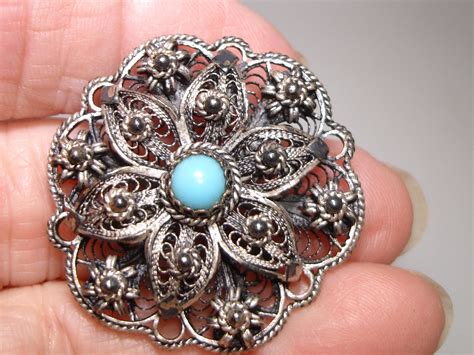 Lovely Antique Silver Filigree Turquoise Pinbrooch Federal Coin