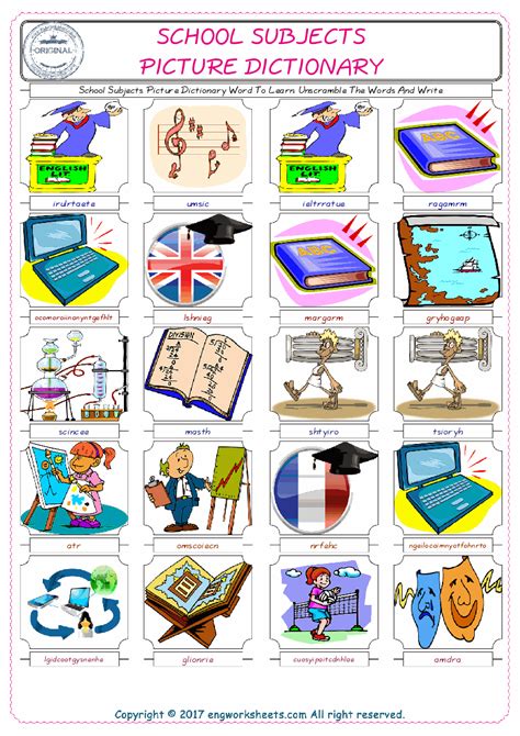 Materie Scolastiche In Inglese Elenco - School Subjects Picture Dictionary Word To Learn. Unscramble The Words
