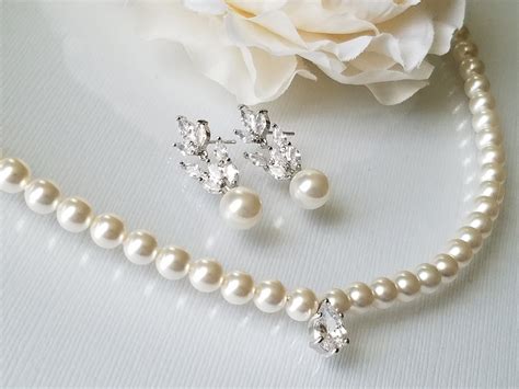 Pearl Bridal Jewelry Set Wedding Jewelry Set Swarovski White Pearl Earrings Necklace Set