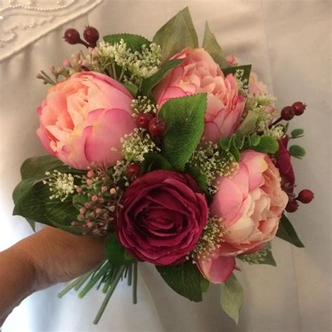A Wedding Bouquet Of Silk Pink Peony And Wine Coloured Roses Fall Flowers