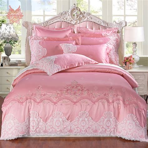 Luxury Pink With Floral Embroidery Bedding Set Lace Decor 100 Pure