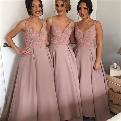 Dusty Pink Prom Dressess Full Beading Top V Neck Satin A Line Girls Bridesmaids Evening Party