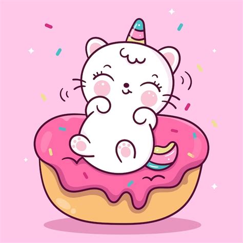 Premium Vector Cute Unicorn Cat Cartoon On Dessert Kawaii Animal