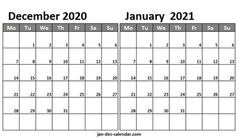 Blank Calendar December 2020 January 2021 Printable Blank Calendar