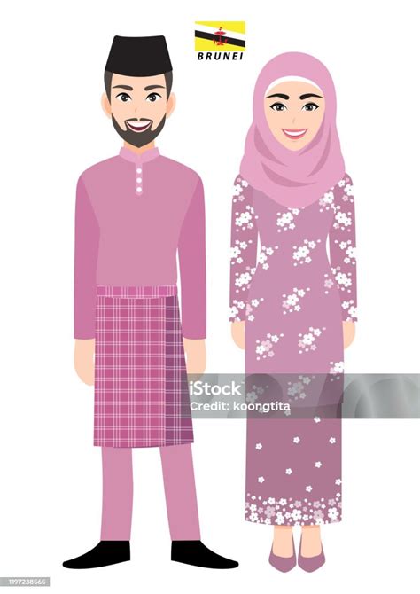 Couple Of Cartoon Characters In Brunei Traditional Costume Vector Stock