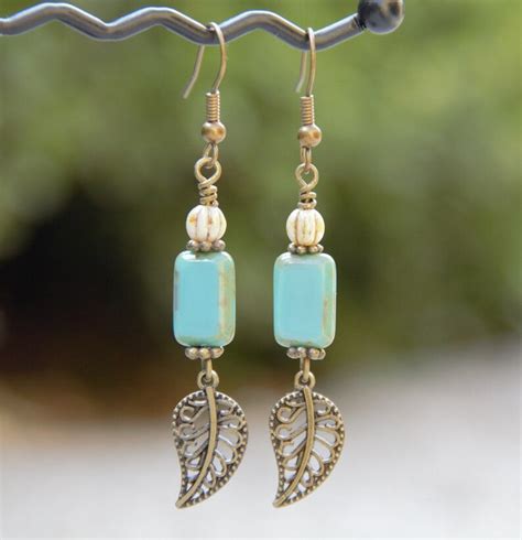 Turquoise Rectangle Earrings Czech Glass Earrings Dangle Etsy