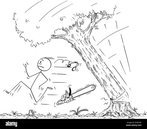 Cartoon Of Lumberjack Running Away From Falling Tree Stock Vector Image