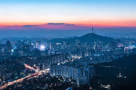 View Of Downtown Cityscape And Seoul Tower In Seoul South Korea Stock
