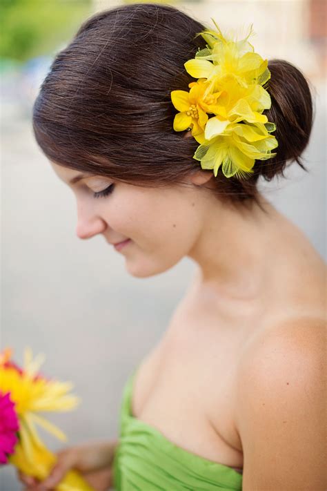 One Of My Bridesmaids Who Wore A Long Green Chiffon Dress And Yellow Flowers In Her Hair