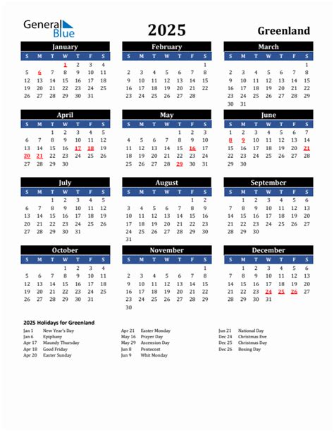 2025 Greenland Calendar With Holidays