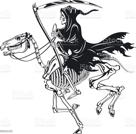 Grim Reaper With Scythe Riding Skeleton Horse Stock