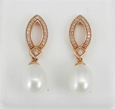Pearl And Diamond Dangle Drop Earrings 14K Rose Gold June Birthstone