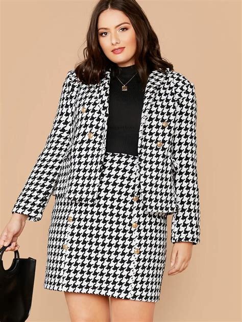 Plus Double Breasted Houndstooth Blazer Skirt Set SHEIN USA