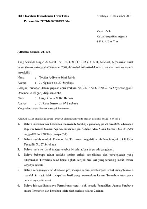 Secara teknisnya membuat surat gugatan cerai tidaklah sulit namun pada prosesnya melakukan gugatan cerai tidaklah mudah. Contoh Surat Gugatan Cerai Dan Jawaban - Contoh Surat