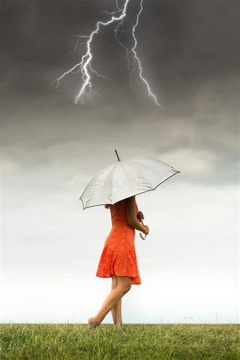 Girl With Umbrella In Storm Stock Photo Image Of Adult Freedom