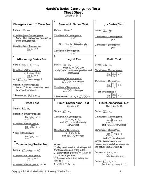 Convergence Tests Cheat Sheet Copyright © 2011 2016 By Harold Toomey