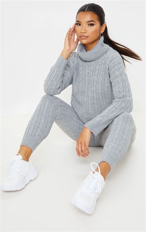 Grey Cable Knit Roll Neck And Legging Set Prettylittlething Knitted