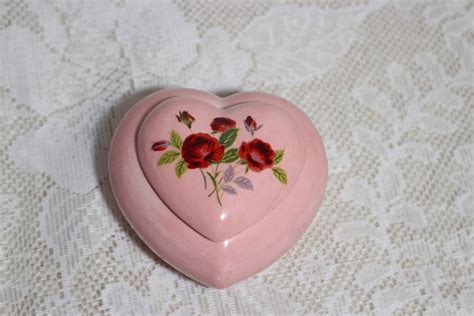 Small Ceramic Heart Shape Ring Box Red Roses Transfer On Pink Etsy