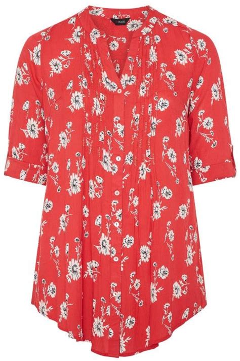 Red Floral Button Through Pintuck Shirt Yours Clothing