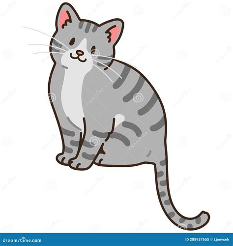 Simple And Adorable Illustration Of Grey Tabby Cat Sitting Stock