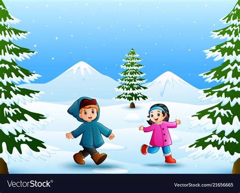 Cartoon Kids Playing In The Snow Royalty Free Vector Image