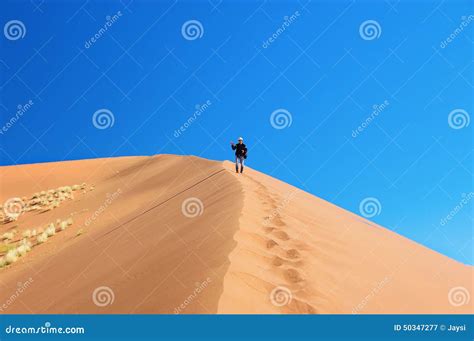 Man On Dunes Of Namib Desert Namibia Stock Image Image Of Arid
