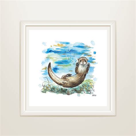 Otter Art Print Swimming Wall Art Watercolour Nursery Etsy
