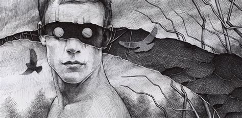 A Black And White Drawing Of A Man With Goggles On His Face In The Woods