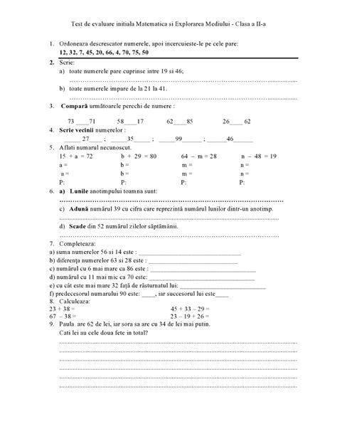 Test De Evaluare Initiala Clasa A Ii A Matematica Si Explorarea