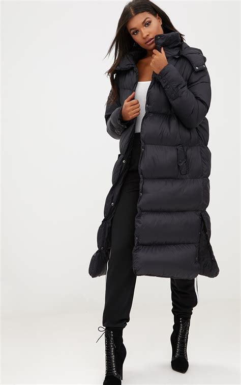 Black Oversized Longline Puffer Jacket With Hood Prettylittlething