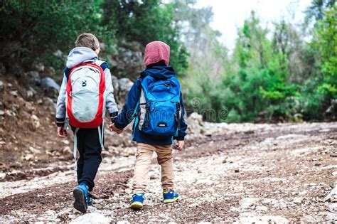 Two Boys With Backpacks Are Walking Along A Forest Path Stock Photo