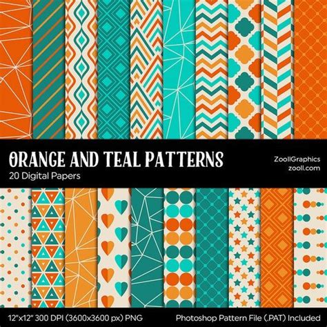Orange And Teal Patterns 20 Digital Papers 12x12 Pattern File Pat