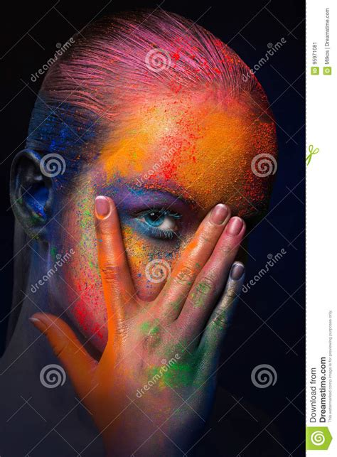 Model With Colorful Art Make Up Close Up Stock Image Image Of Dramatic Design