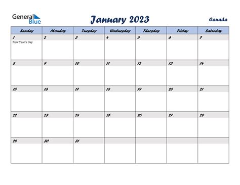 Canada January 2023 Calendar With Holidays