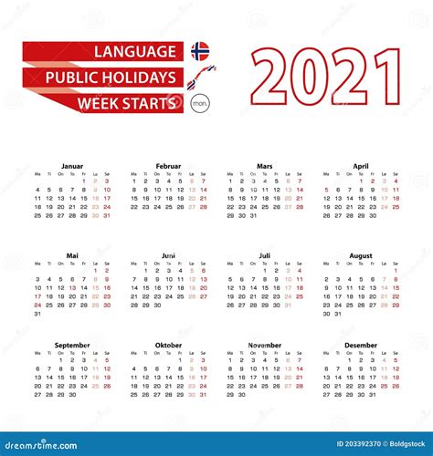 Calendar 2021 In Norwegian Language With Public Holidays The Country Of