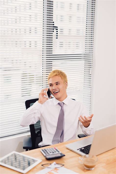 Happy Businessman On Phone In Office Stock Image Image Of Computer