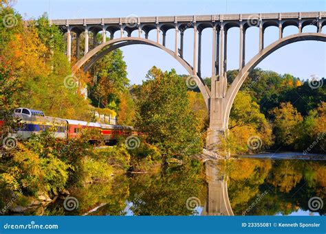 Arched Bridge And Passenger Train Stock Image Image Of Horizontal