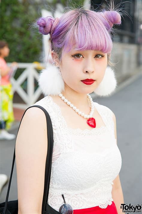 Lilac Twin Buns W Lace Top Pleated Skirt And Pompom Earrings In Harajuku Tokyo Fashion