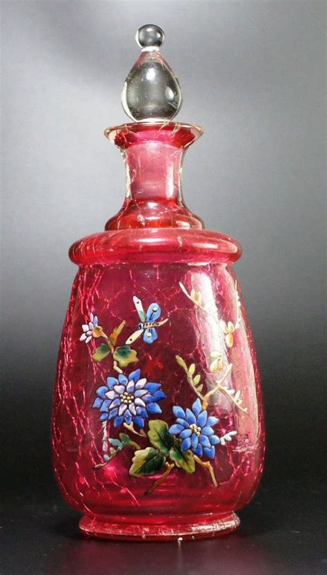 Moser Enameled Dragonfly Cranberry Crackle Glass Perfume Bottle Antique Perfume Bottles