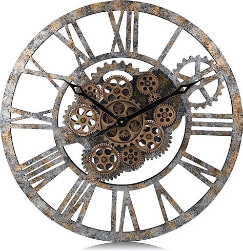 Lafocuse 23 Inch Wooden Real Moving Gears Wall Clock Distressed Bronze