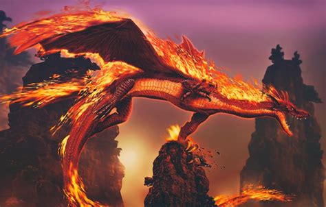 Wallpaper Fire Fantasy Dragon Horns Wings Tail Rocks Digital Art