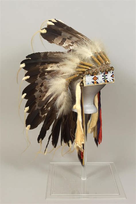 Feather Bonnet Northern Plains Sioux Metal Beads Buckskin Silk